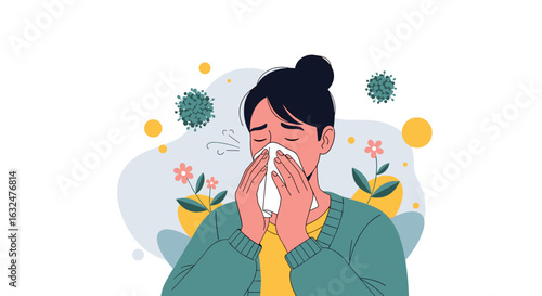 Illustrating a woman experiencing allergies with a tissue and pollen particles surrounding her
