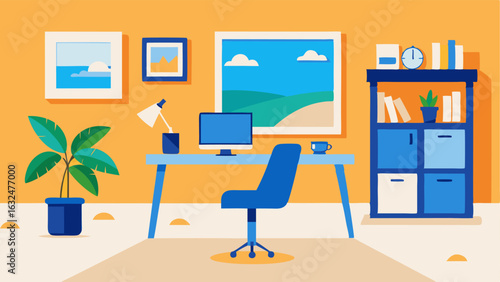 A home office with a white desk and shelves and a comfortable blue desk chair. The walls are painted a warm sandy tone and there are framed beach photographs on the walls.