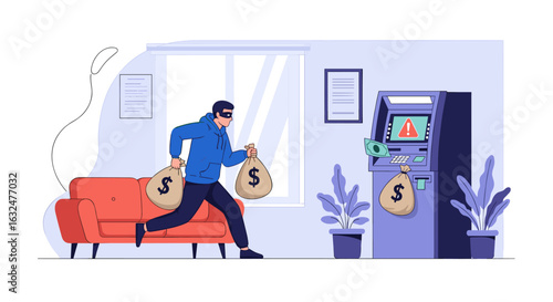 Criminal wearing a mask and carrying bags of money runs away from a broken atm machine inside a bank
