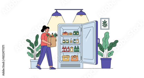 Woman puts groceries away into a fully stocked refrigerator filled with healthy food options and fresh produce on a bright sunny day