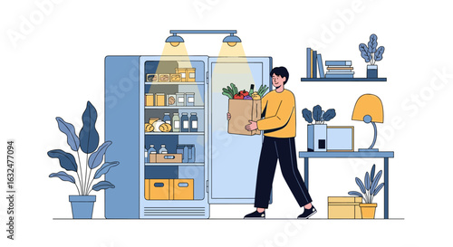 Man putting groceries away in a refrigerator stocked with healthy food items and vegetables