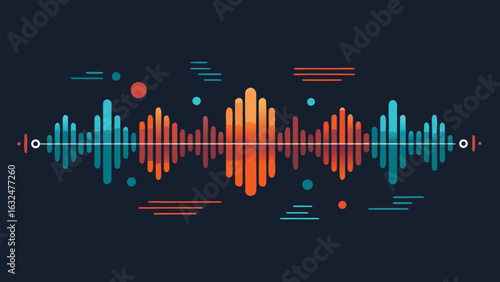 Vibrant abstract sound wave visualization with colorful pulsing bars and glowing circles against a dark background representing audio technology and music