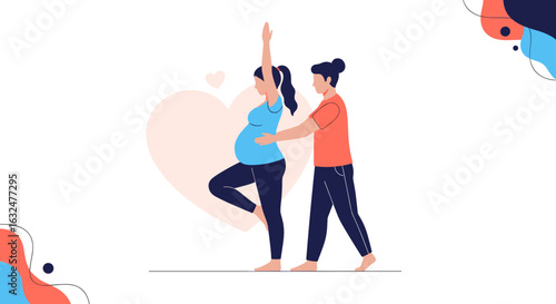 Expert assistance guiding pregnant woman through gentle yoga pose for strength and balance during expectation period