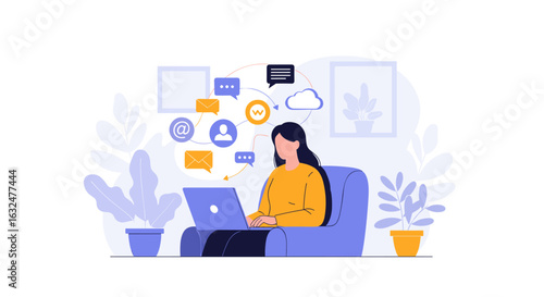 Digital nomad working remotely from home with laptop and connected communication icons illustrating online collaboration and connectivity