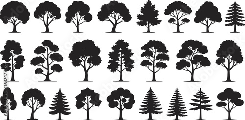 Silhouette of diverse tree shapes, various forest tree silhouettes, natural tree icons collection, black isolated tree outlines, nature design elements on white background