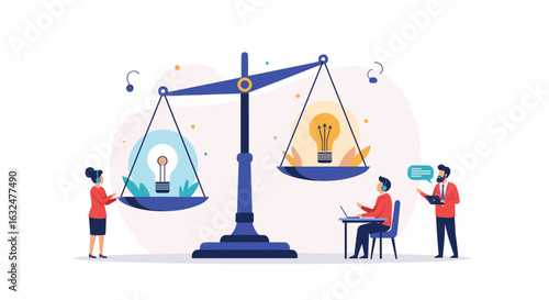 Balancing concepts ideas and innovation on a scale with business people discussing