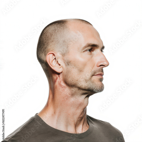 Focused Contemplation: A man with a shaved head gazes thoughtfully into the distance, his profile illuminated in natural light. The shot captures a sense of introspection and calm.