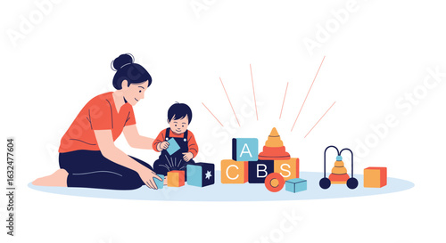 Mother and child happily playing with educational building blocks and learning toys