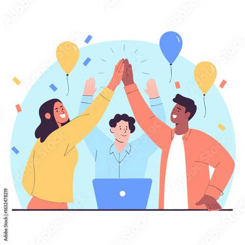 Team celebrating success with high five and balloons, modern office achievement concept
