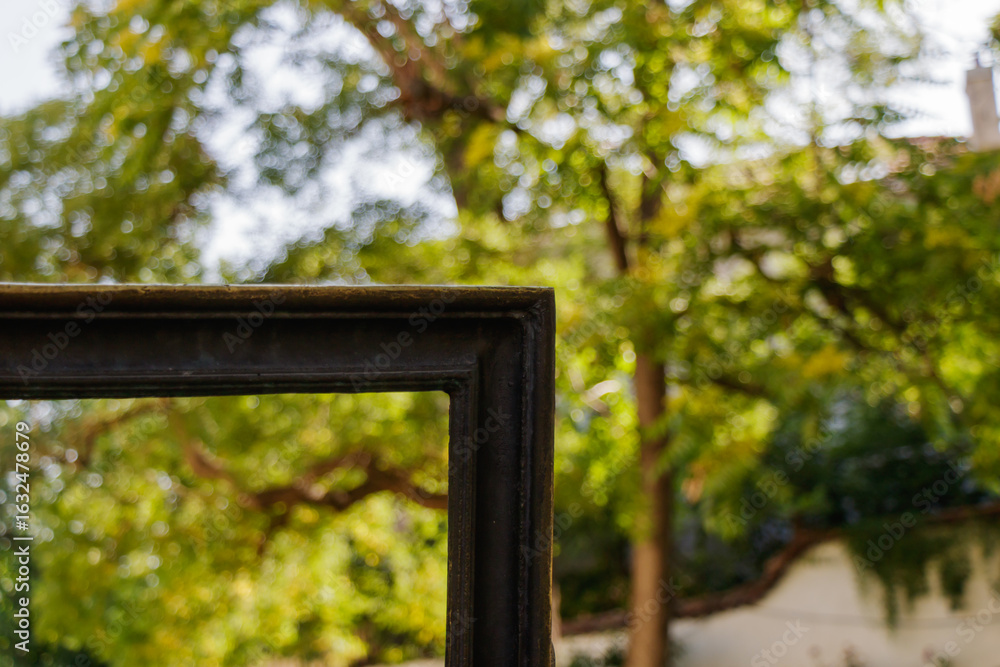 Fototapeta premium Framing nature with an ornate black frame against lush greenery in the afternoon light