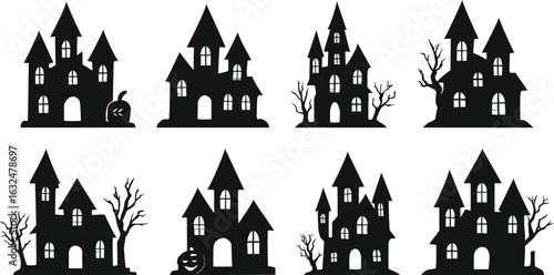 Halloween Haunted House Silhouette with Flying Bats, Dead Trees and Pumpkin Accents