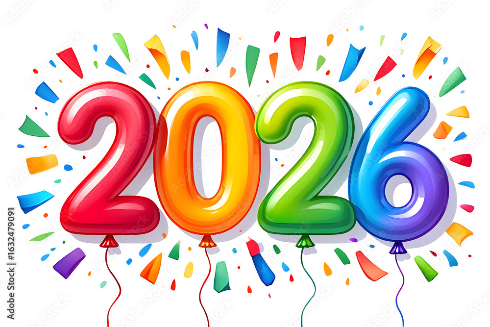 Fototapeta premium Colorful balloons forming the number twenty six with confetti numbers celebration