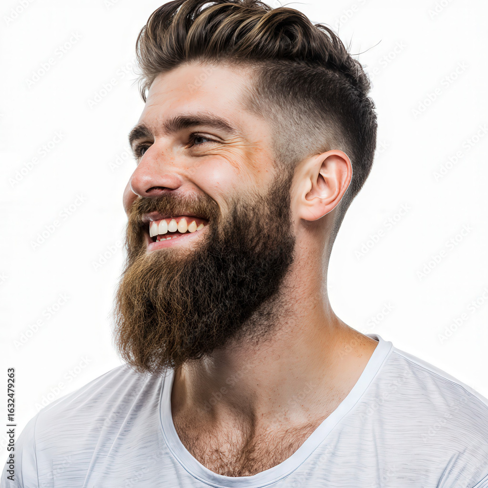 Fototapeta premium Beaming Portrait: A handsome man with a thick beard exudes confidence and happiness, captured in a captivating headshot.