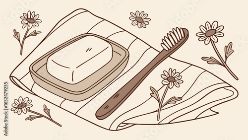 Still life illustration of soap on a dish, toothbrush, towel, and daisies in a soft color palette