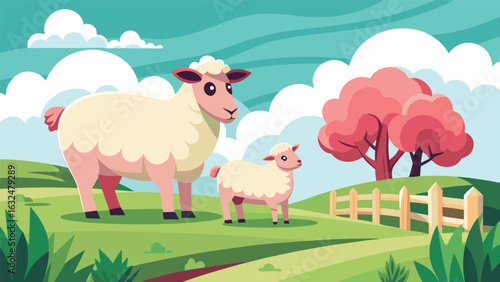 Charming cartoon illustration of a fluffy white sheep and her lamb standing in a vibrant green meadow with a pink tree and wooden fence under a blue sky with fluffy clouds