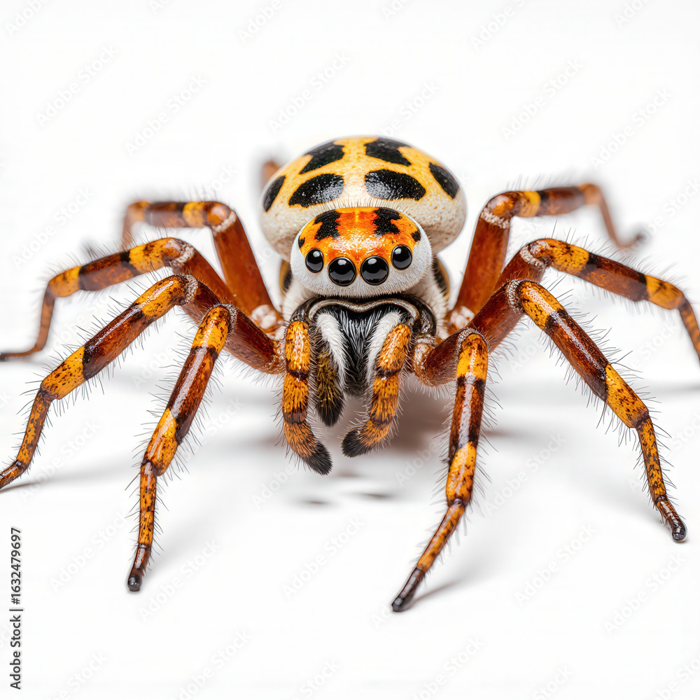 Obraz premium Vibrant Spider Portrait: A mesmerizing macro photograph reveals the intricate beauty of a jumping spider, its colorful patterns and keen eyes displayed against a clean backdrop.