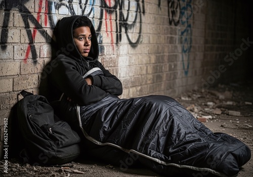 Homeless Teenager Huddled in Sleeping Bag Against Graffitied Brick Wall