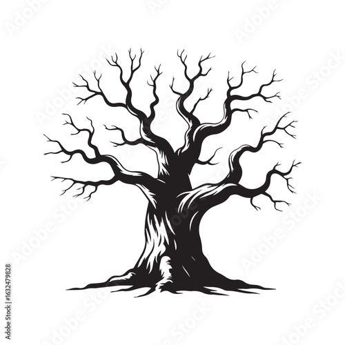 Vector art of a striking black silhouette of a gnarled, leafless ancient oak tree isolated on a white background, symbolizing natures resilience and the passage of time