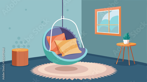 A hanging swing chair in the corner of a room accessorized with colorful throw pillows and a faux fur throw.