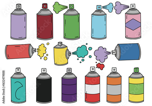 Colorful spray paint cans isolated on white background, vector illustration of various aerosol bottles for graffiti art and creative design projects