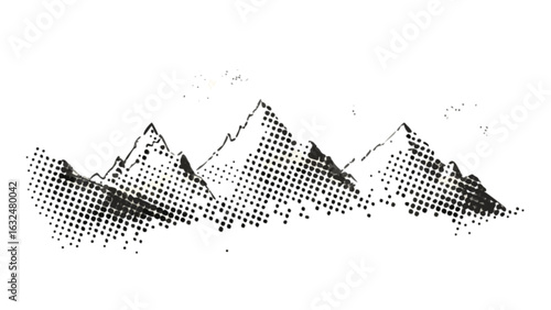 Halftone mountain range illustration with jagged peaks and a textured black and white design style