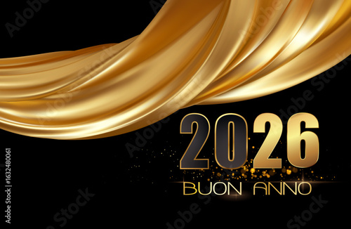 biglietto o striscione per augurare un felice anno nuovo 2026 in oro con un drappo di tessuto color oro su uno sfondo nero con un po' di glitter dorati