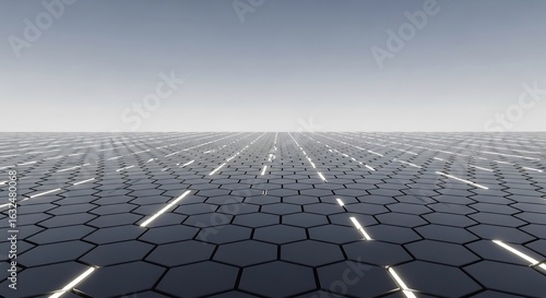 A 3D render of an abstract technology landscape. The ground is a dark hexagonal pattern with glowing light lines, creating a sense of perspective leading to an empty sky.