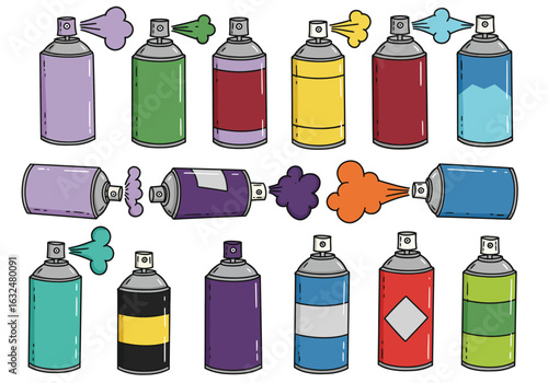 Colorful spray paint cans isolated on white background, vector illustration of various aerosol bottles for graffiti art and creative design projects