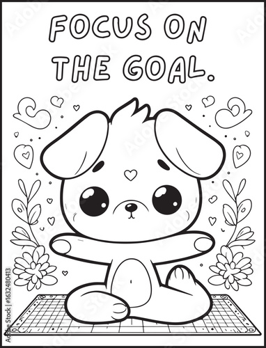Animal-themed coloring page for kids and adults: Motivational quote to color: Yogi dog doing a yoga pose