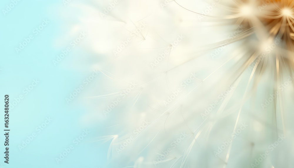 Naklejka premium Dreamy dandelion seed head with delicate details against a soft pastel blue background, creating a calming and ethereal composition