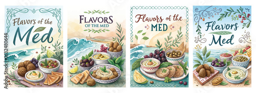 Set of four posters featuring Mediterranean dishes with vibrant illustrations and scenic coastal backdrop