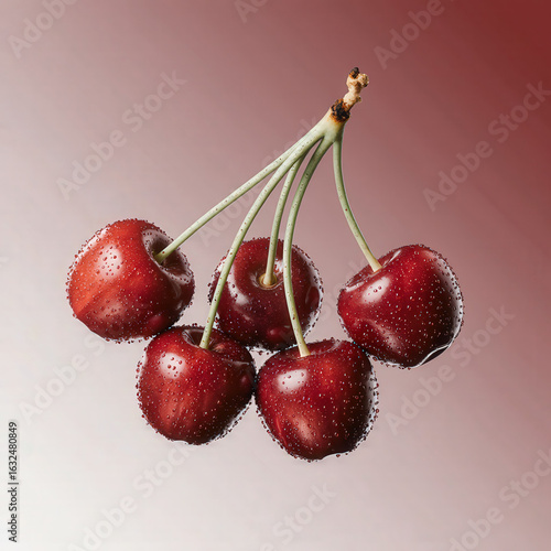 Cherry Quintet: A close-up studio shot features a cluster of vibrant, ripe cherries, each adorned with tiny water droplets, showcasing their natural beauty and freshness.