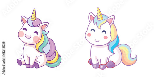 "Adorable Sitting Unicorns with Rainbow Manes"