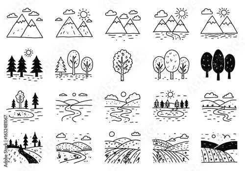 Collection of handdrawn landscape elements featuring mountains, trees, rivers, fields, and other natural scenes isolated on white background