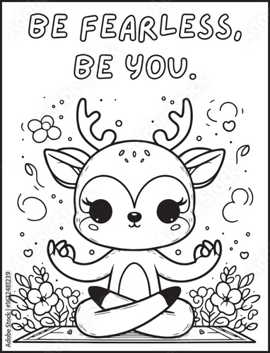 Animal-themed coloring page for kids and adults: Motivational quote to color: Cute deer doing a yoga pose