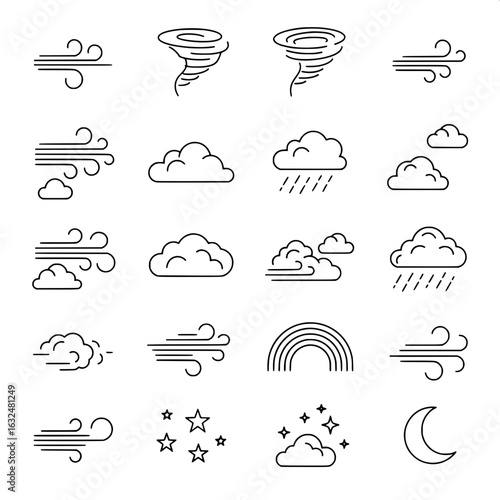 Stylized wind and sky-related icons for use in weather UI, forecasts, or climate infographics.