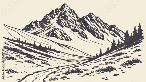 Illustration of a mountain range with a winding path and evergreen trees in the foreground view