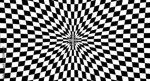 Curvy hand-drawn checkerboard with optical star distortion and digital flair. Deep race pattern for fashion, squiggle textile design, and perspective-heavy monochrome wallpaper. Vector illustration