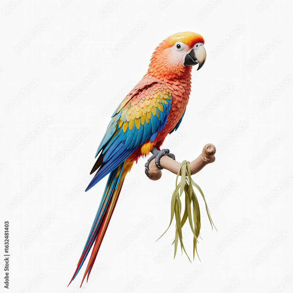 Fototapeta premium Vibrant Parrot Perched: A vividly colored parrot, with stunning plumage of red, orange, yellow, and blue, perches serenely on a natural branch, a captivating image of tropical avian beauty.