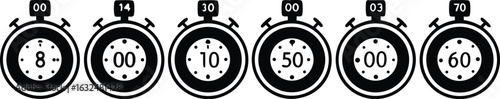Set of stopwatch timer icons showing different time intervals in black vector design