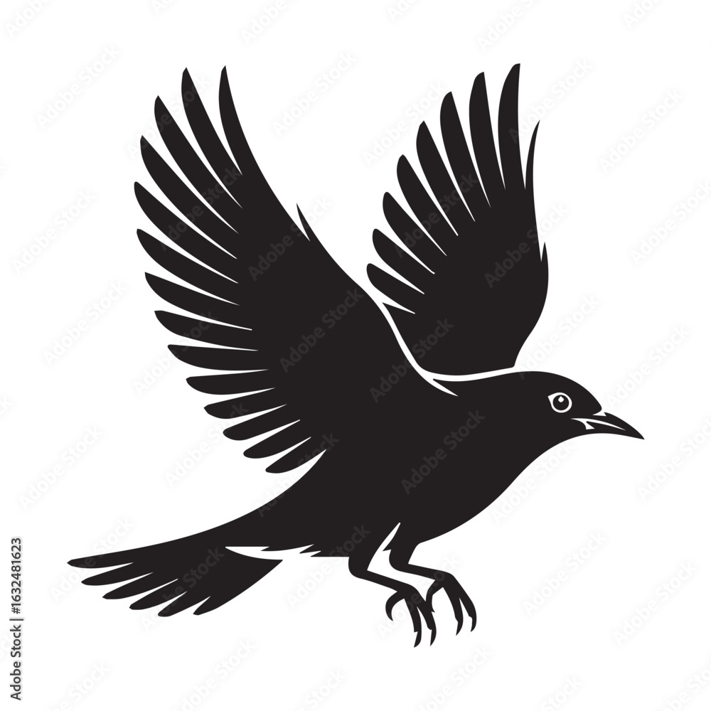 Obraz premium Vector art of black silhouette of a bird with wings spread wide in flight, isolated on white background