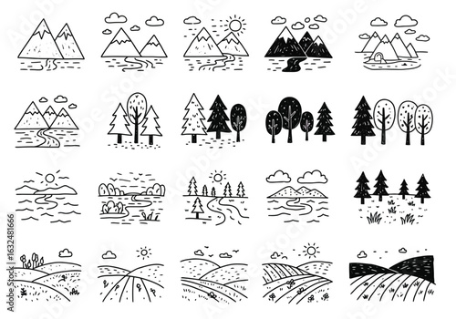 Collection of handdrawn landscape elements featuring mountains, trees, rivers, fields, and other natural scenes isolated on white background
