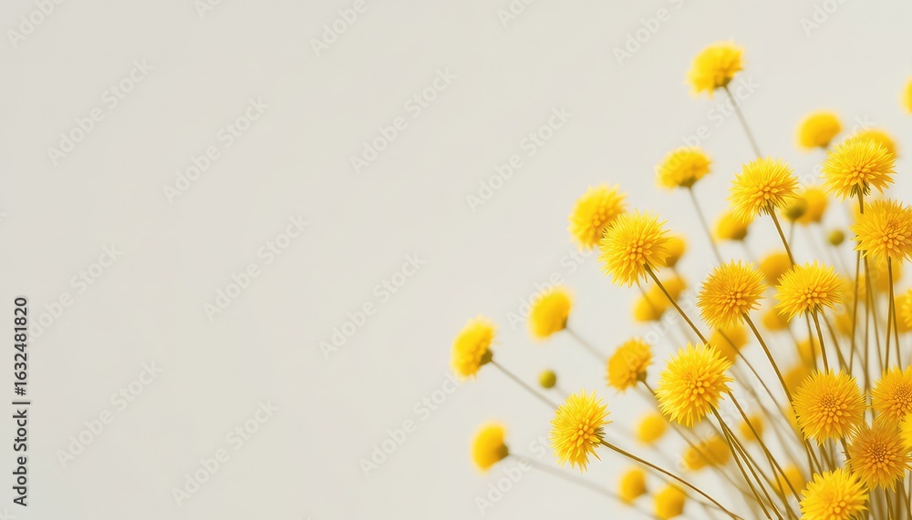 Fototapeta premium Bunch of small yellow flowers with slender stems creating a vibrant and cheerful display against a solid light background