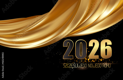 kartka lub baner z życzeniami szczęśliwego Nowego Roku 2026 w kolorze złotym z draperią ze złotej tkaniny na czarnym tle z odrobiną złotego brokatu