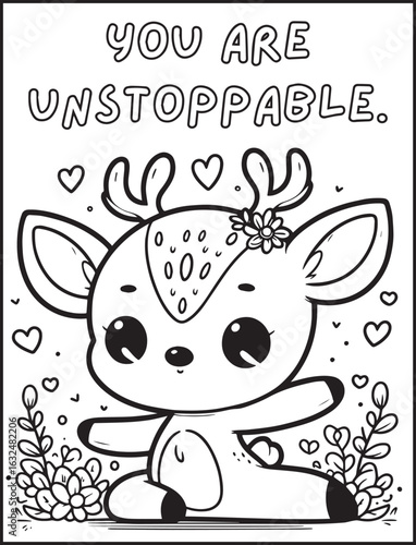 Animal-themed coloring page for kids and adults: Motivational quote to color: Cute deer doing yoga