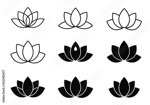 Collection of lotus flower icons isolated on white background, representing purity, enlightenment, and spiritual awakening in various minimalist designs