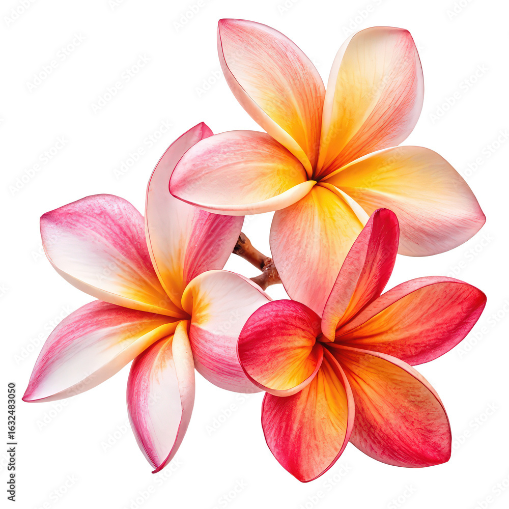 Fototapeta premium Plumeria frangipani flowers red yellow pink isolated on transparent background image png vibrant tropical blossoms close-up png colorful flora isolated on clear background image png botanical beauty