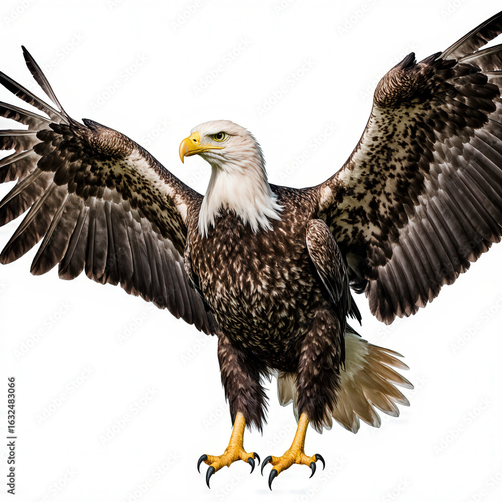 Obraz premium Eagle in Flight: A majestic eagle, with wings fully extended, displays the raw power and grace of nature, epitomizing freedom and strength against an unobscured background.