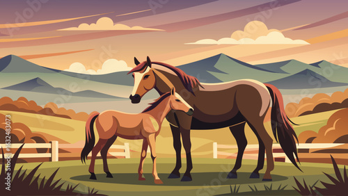 A majestic adult horse stands protectively beside its adorable foal in a picturesque countryside landscape at sunset with rolling hills and mountains in the background