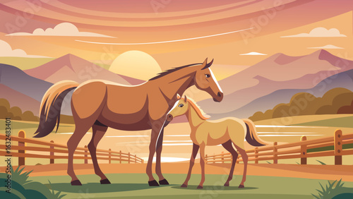 A beautiful illustration of a majestic adult horse standing beside its adorable foal in a picturesque countryside landscape at sunset with mountains in the background